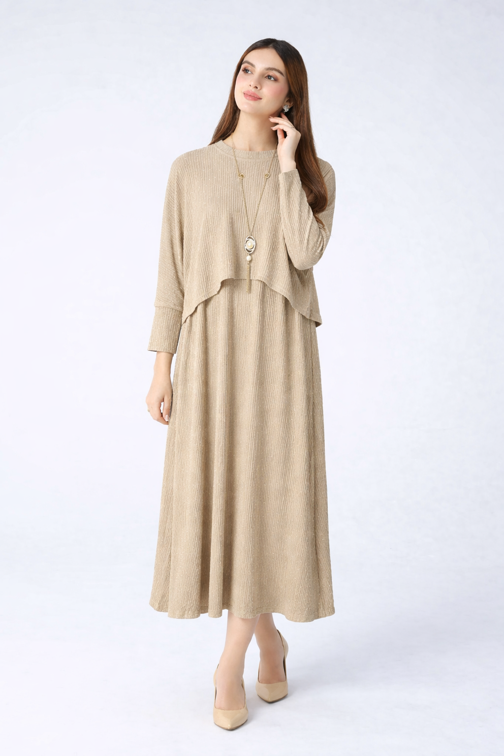 Beige Rhinestone Cape Frock