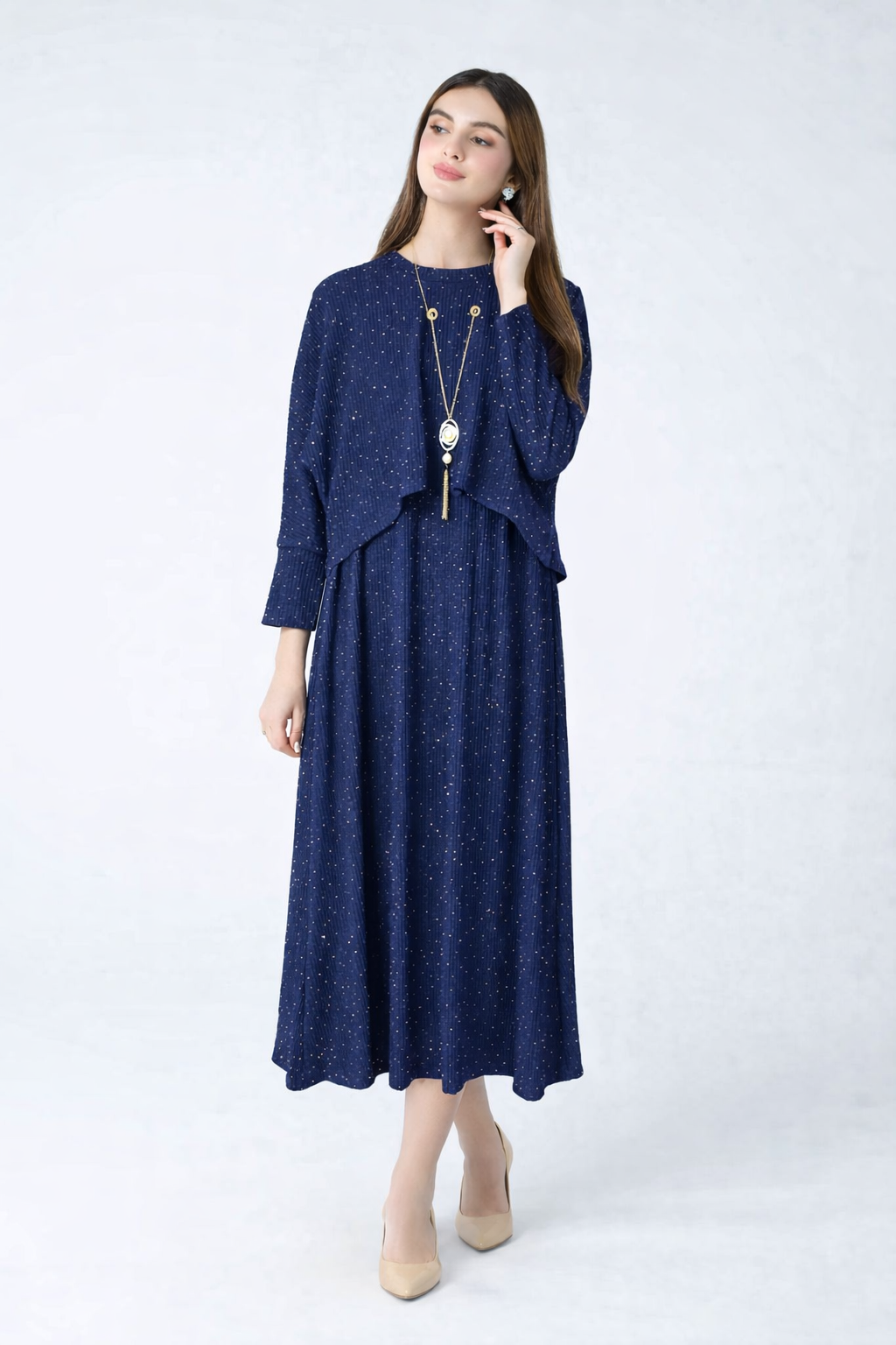 Navy Blue Rhinestone Cape Frock